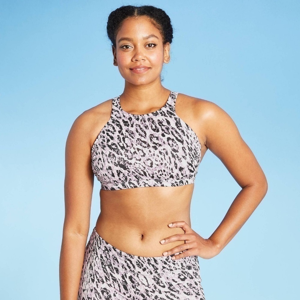 High Neck Strappy Back Bikini Top Animal Print